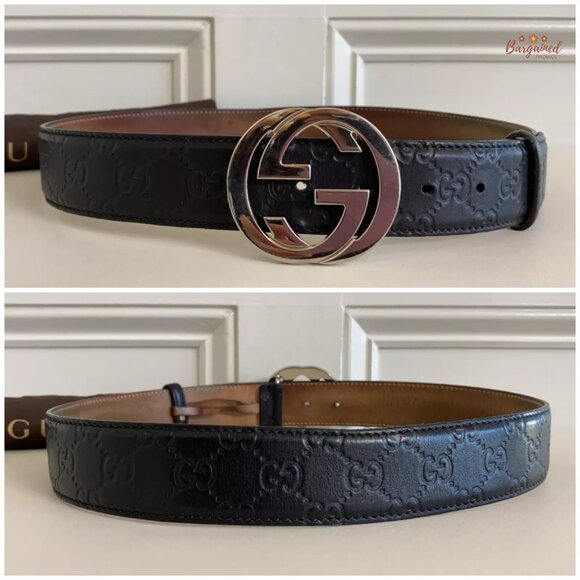 Authentic Gucci Black Guccissima Leather Silver Interlocking G Buckle Belt 85/32 - Picture 5 of 13